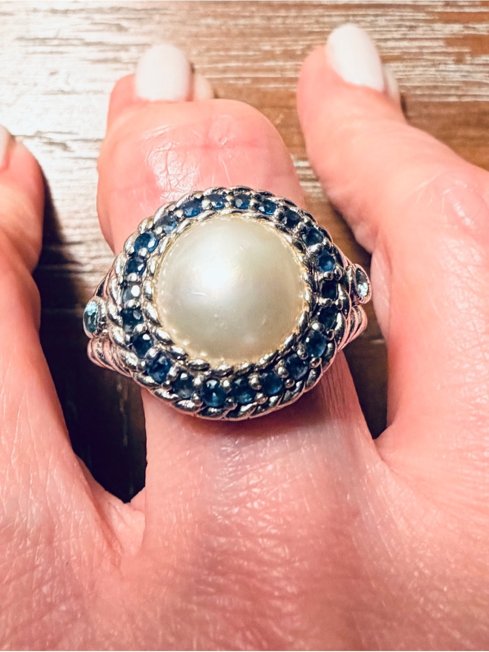Judith Ripka 925 Sterling Silver Pearl Blue Statement Ring Size 8